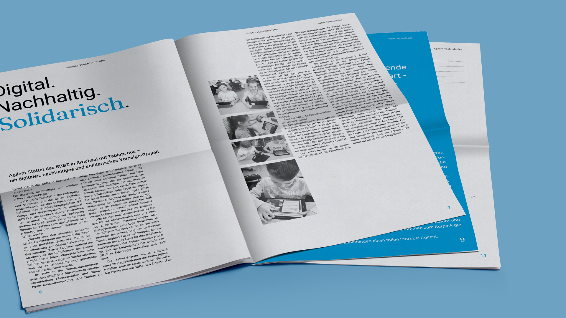 VISUELL Kommunikationsdesign: Editorial Design für die Mitarbeiterzeitung von Agilent Technologies VISUELL Kommunikationsdesign: Editorial Design Mitarbeiterzeitung: Innenseite der Zeitung - Aufschrift: Digital, Nachhaltig, Solidarisch