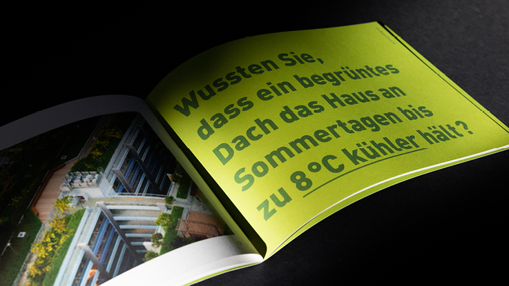 VISUELL Kommunikationsdesign: Editorial Design grünstadtgrau: Innenseite in grün - Aufschrift: Wussten Sie, dass ein begrüntes Dach das Haus an Sommertagen bis zu 8 Grad kühler hält?