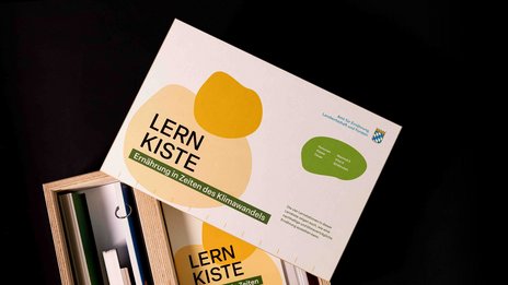 VISUELL Szenografie: Pädagogische Lernkiste: Holzkiste mit Deckel mit grün und gelben organischen Elemente- Aufschrift: Lernkiste, Ernährung in Zeiten des Klimawandels