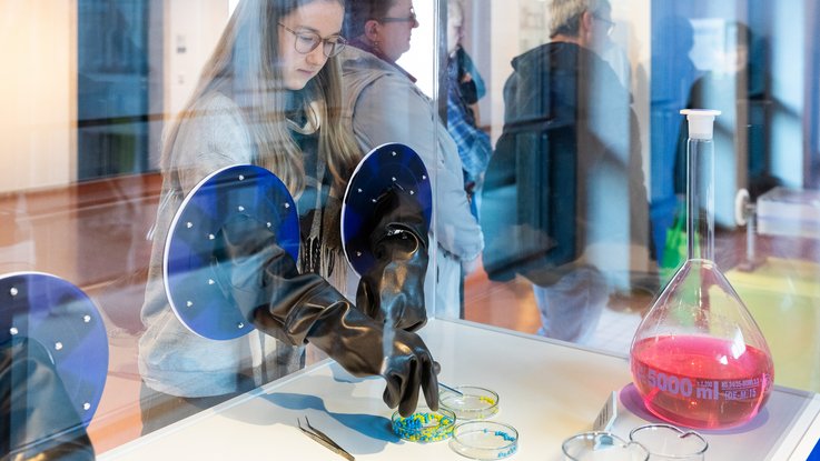 VISUELL Szenografie: Wissenschaftsausstellung: Eine junge Besucherin bedient die interaktive Handschuhbox in der Ausstellung „Was kann Katalyse?“, sie hat beide Arme in den Handschuhen und sortiert mit einer Pinzette blaue und gelbe Kugeln in Petrischalen, im Hintergrund sieht man weitere Besuchende