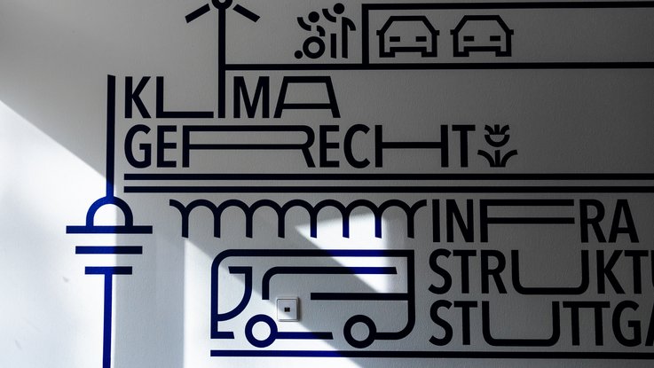 VISUELL Kommunikationsdesign: Wandgrafiken Landeshauptstadt Stuttgart: Grafisches Detail mit Infrastruktur- und Klimasymbolen wie Windrad, Fahrzeug und Gebäuden in linearer Bildsprache.
