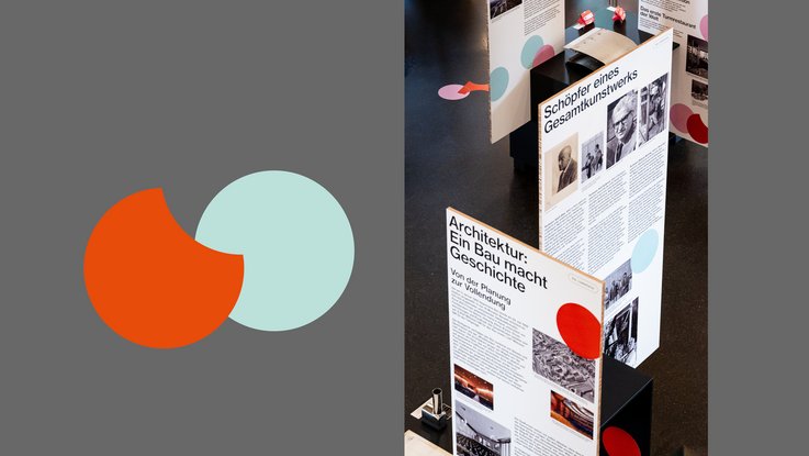 VISUELL Szenografie: Jubiläumsausstellung: 70 Jahre Fernsehturm und Liederhalle: Modulare Ausstellungsmöbel mit typografischen Informationsebenen, Exponaten und Konfettipunkten als wiederkehrende Gestaltungselemente.