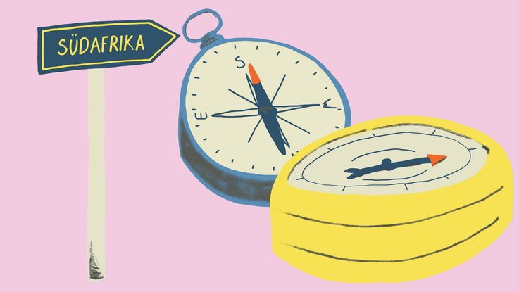 VISUELL Scenography: ‘Bird Migration’ travelling exhibition by Kids4Kids: illustrations of navigational aids such as compasses and signposts on a pink background; a symbolic representation of how migratory birds find their way within the exhibition.