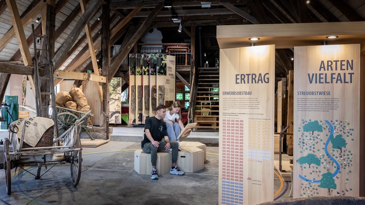 VISUELL Blogbeitrag: VISUELL gewinnt den FOCUS OPEN 2024 Gold für das Obstbaumuseum Glems VISUELL Blogbeitrag: FOCUS OPEN Award 2024 Gold: Einblick in das Obstbaumuseum Glems mit zwei sitzenden Personen in der Mitte und Exponaten sowie Informationsträgern außenherum in der denkmalgeschützten Kelter