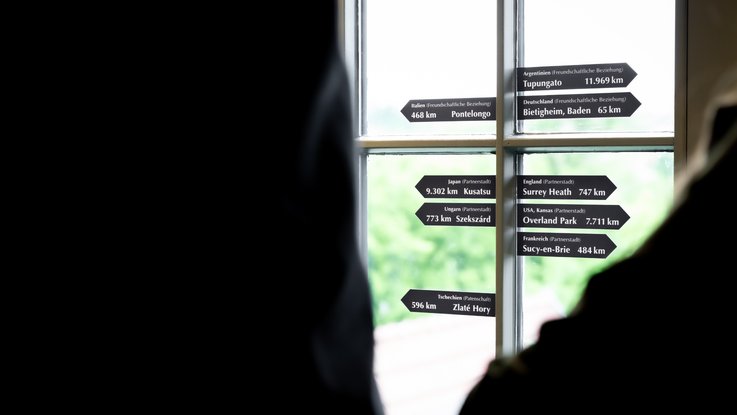 VISUELL Scenography: View of a window in the Hornmoldhaus with typographically designed signposts to Bietigheim-Bissingen's international partner and friendship cities. Distance information to Italy, Argentina, Japan, England, the USA, France, Hungary and Czechia illustrate the city's global connections.