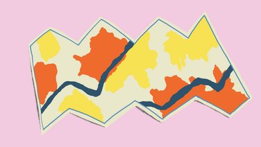 VISUELL Design: ‘Bird Migration’ travelling exhibition by Kids4Kids: a simplified illustration of a map in shades of beige, yellow, orange and blue; a graphic element visualising the exhibition’s theme against a pink background