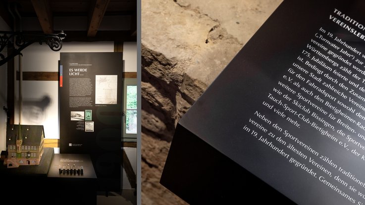 VISUELL Scenography: Permanent exhibition at Hornmoldhaus: Left: Exhibition area with architectural model, interactive media station and large-format wall panel on the theme of "Let there be light" in the historic half-timbered room; right: Detail of a slanted text panel on the history of the association and the town in front of exposed brickwork.