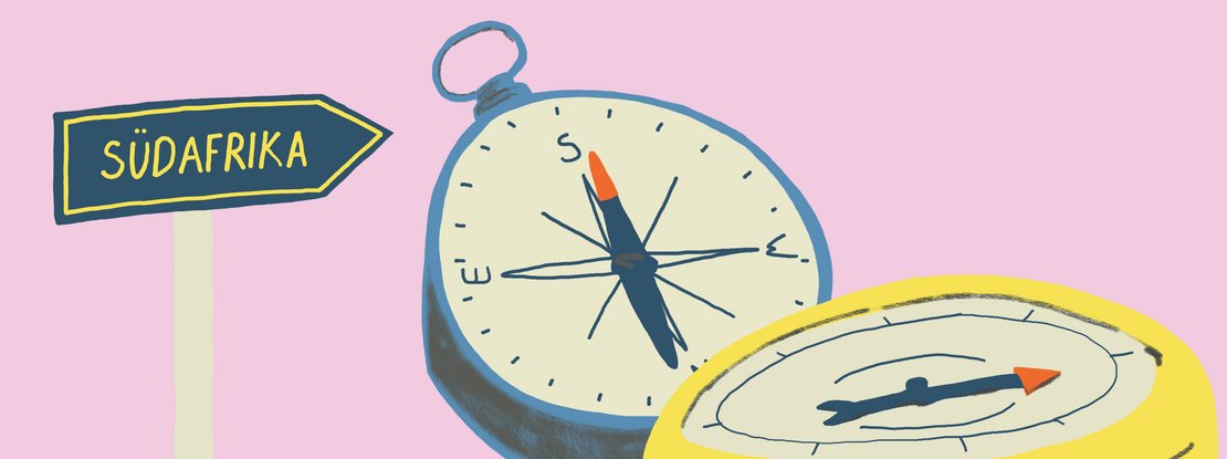VISUELL Scenography: ‘Bird Migration’ travelling exhibition by Kids4Kids: illustrations of navigational aids such as compasses and signposts on a pink background; a symbolic representation of how migratory birds find their way within the exhibition.