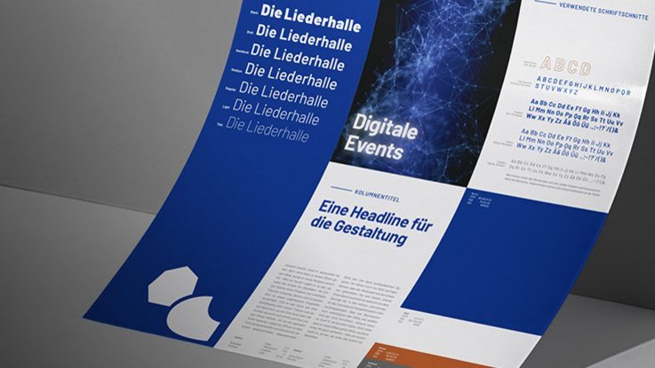 VISUELL Kommunikationsdesign: Corporate Design Liederhalle: Plakat des Corporate Designs der Liederhalle in dunkelblau mit der Akzentschrift