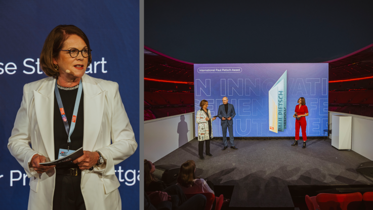 VISUELL Szenografie: Event „NEXT LEVEL“: Rechts: Die Moderatorin des Events im Fokus. Links: Drei Personen stehen vor der großen LED-Leinwand auf der Bühne während der Verleihung des International Paul Pietsch Award.