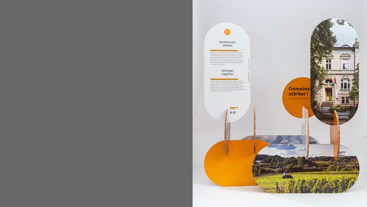 VISUELL Szenografie: Wanderausstellung „Common Grounds – Über Grenzen mitgestalten“ für die Robert Bosch Stiftung GmbH VISUELL Szenografie: Wanderausstellung Robert Bosch Stiftung GmbH: Freistehendes Ensemble mehrerer Ausstellungsmodule mit unterschiedlichen Höhen und organischen Konturen; Kombination aus Textflächen, Architektur- und Landschaftsfotografie.