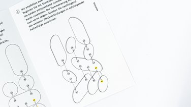 VISUELL Szenografie: Wanderausstellung „Common Grounds – Über Grenzen mitgestalten“ für die Robert Bosch Stiftung GmbH VISUELL Szenografie: Wanderausstellung Robert Bosch Stiftung GmbH: Grafische, vereinfachte Darstellung der Ausstellungsteile; Pfeile und ein Fließtext oberhalb der Grafik erklären den Aufbau der abgebildeten Station.