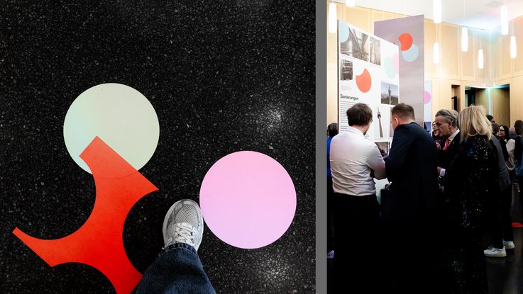 VISUELL Szenografie: Jubiläumsausstellung: 70 Jahre Fernsehturm und Liederhalle: Besucher:innen bewegen sich zwischen Ausstellungsmöbeln und interaktiven Stationen; Konfettipunkte ziehen sich über Boden, Grafiken und Rauminszenierung.