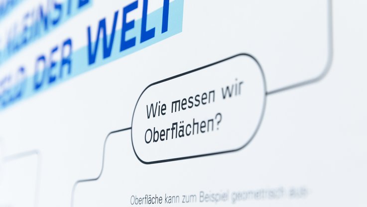 VISUELL Szenografie: Wissenschaftsausstellung: Nahaufnahme einer Beschriftung „Wie messen wir Pberflächen“ in schwarzer Schrift auf weißem Hintergrund in der Wissenschaftsausstellung „Was kann Katalyse?“.