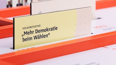 VISUELL Szenografie: Wanderausstellung „Jubiläum. 75 Jahre Verfassung NRW“ für die Stiftung Haus der Geschichte Nordrhein-Westfalen VISUELL Szenografie: Wanderausstellung: Detailansicht eines Ausstellungselements mit der Aufschrift „Volksinitiative – Mehr Demokratie beim Wählen“. Klare Typografie, gelb-orange Farbgestaltung.