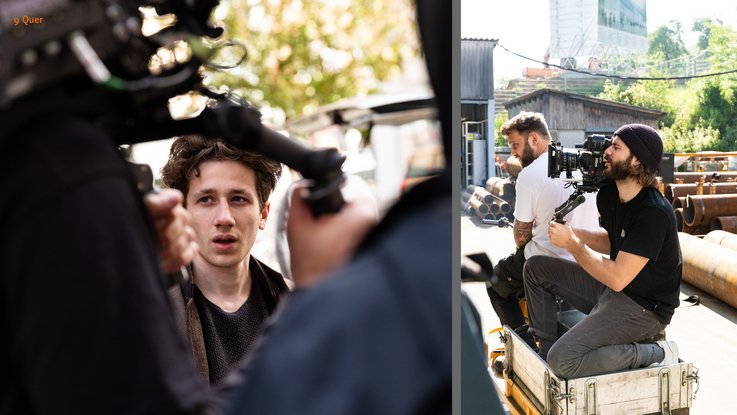 VISUELL Kommunikationsdesign: Kino-Werbespot für STAHL CraneSystems: Links sieht man den Hauptdarsteller des Kino-Werbespots vor der Kamera, recht den Kameramann mit seiner Assistenz