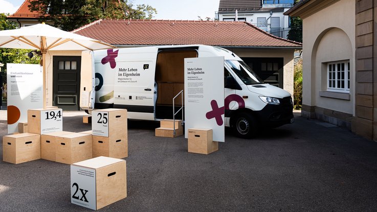 VISUELL Szenografie: Wanderausstellung Ministerium für Landesentwicklung und Wohnen: Mobiler Ausstellungsaufbau im Hof: geöffneter Sprinter mit Branding „Mehr Leben im Eigenheim“, flankiert von Infotafeln und modularen Holzboxen mit großen Zahlen (19,4 Hektar, 25 Prozent) unter einem Sonnenschirm.