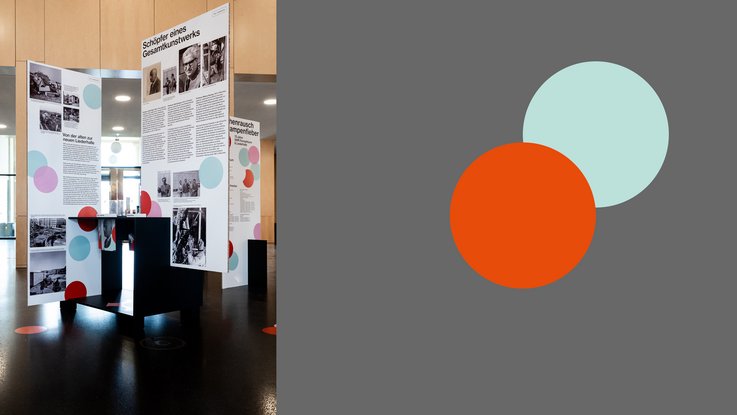VISUELL Szenografie: Jubiläumsausstellung: 70 Jahre Fernsehturm und Liederhalle: Überblick über modulare Ausstellungselemente mit integrierten Exponaten, Medienstationen und grafischen Informationsträgern im Museumsraum.