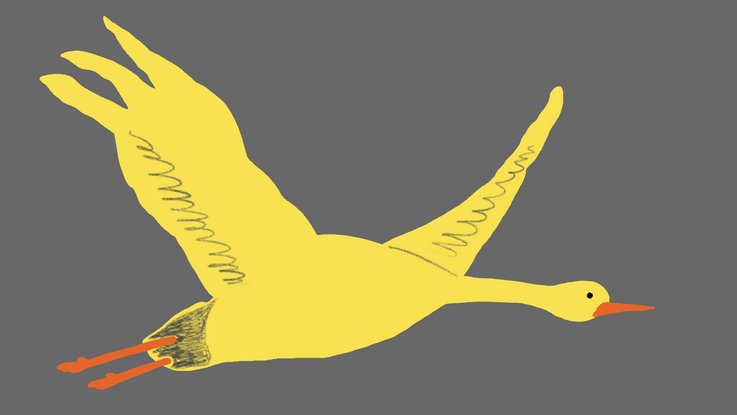 VISUELL Scenography: Kids4Kids migratory bird exhibition: illustration of a flying yellow migratory bird in a stylised design; a graphic element to visualise the exhibition’s theme.