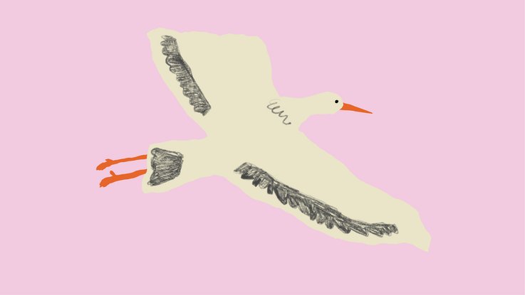 VISUELL Scenography: ‘Bird Migration’ travelling exhibition by Kids4Kids: illustration of a stylised bird – in this case a stork – on a pink background; part of the visual identity designed to make the exhibition instantly recognisable.